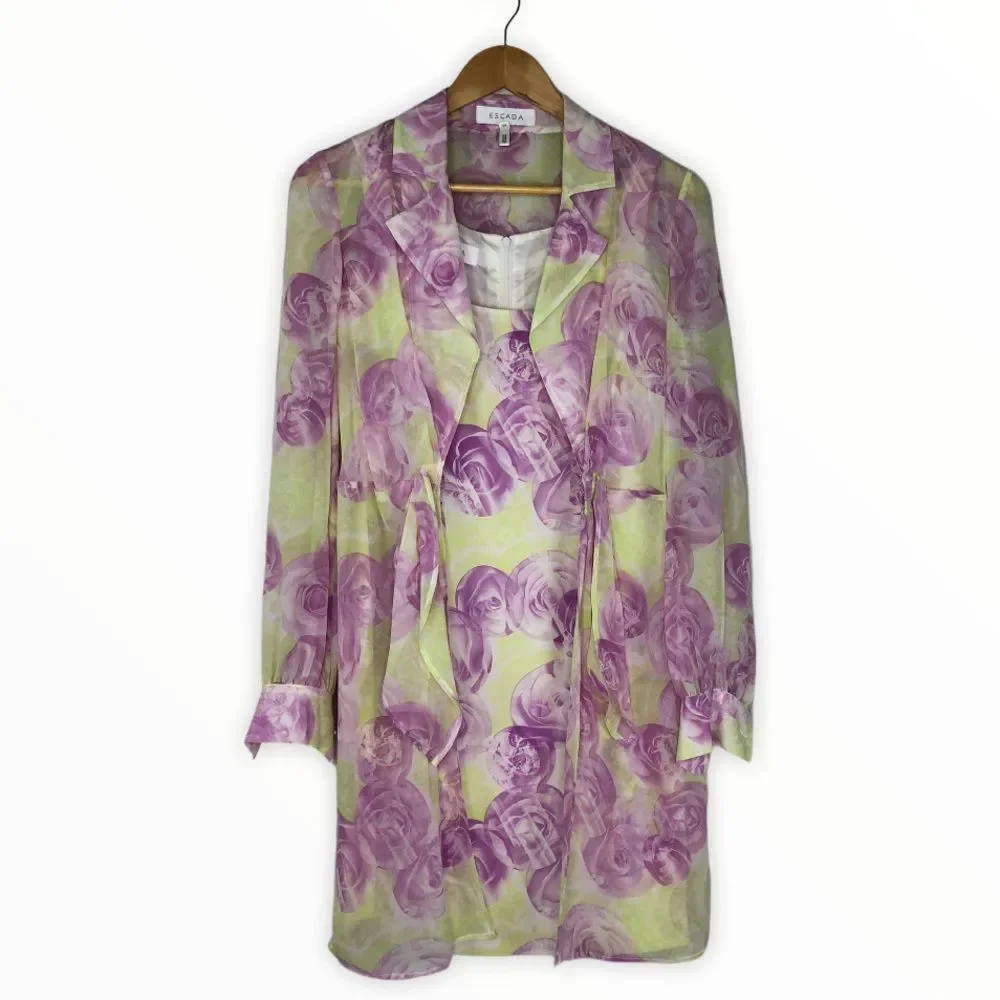 Escada Rose Sleeveless Dress and Sheer Wrap Jacket Set Floral Print - Picture 2 of 16